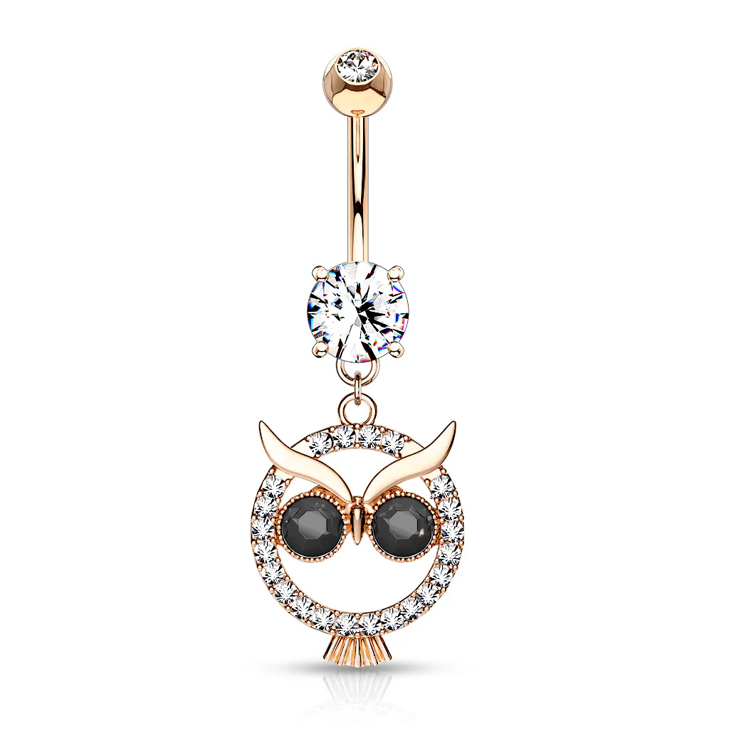 Paved Owl CZ With Black CZ Eye Dangle Navel Belly Button Ring - Image 4