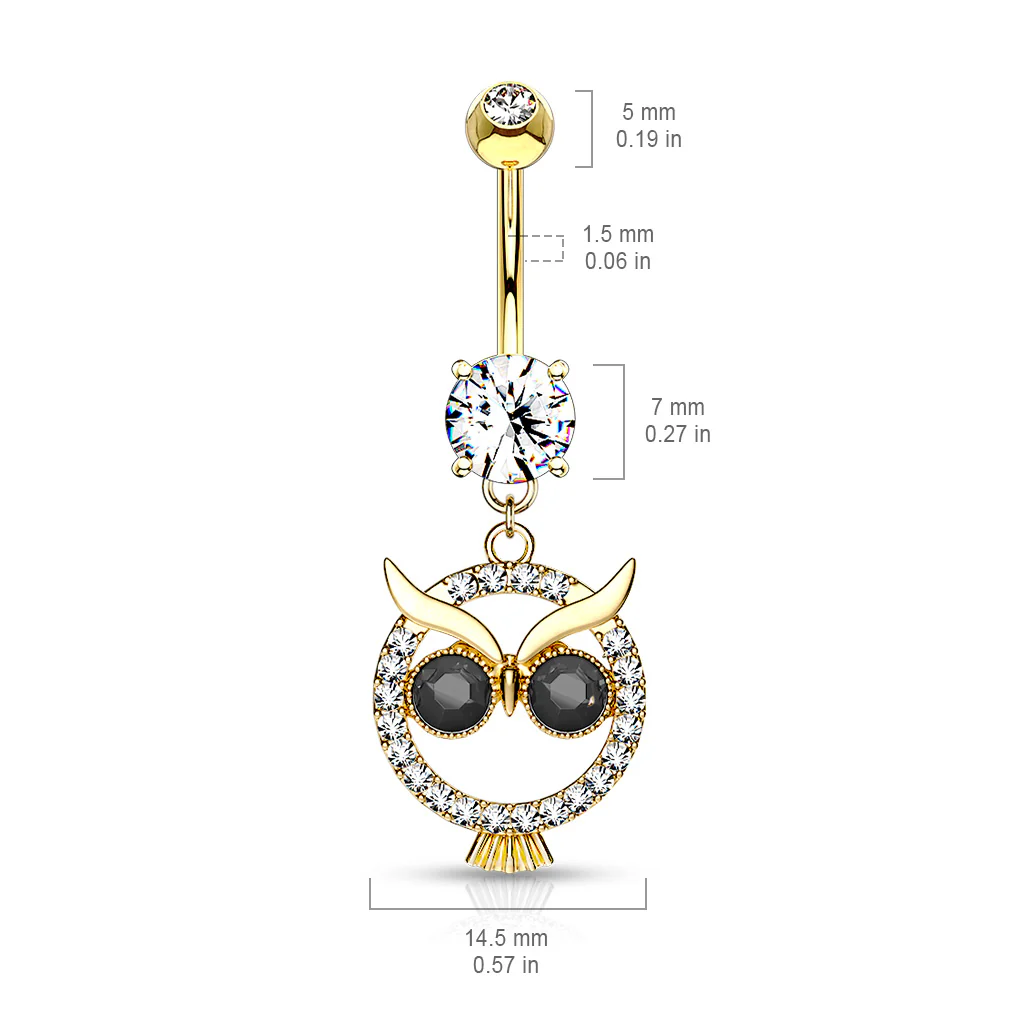 Paved Owl CZ With Black CZ Eye Dangle Navel Belly Button Ring - Image 5