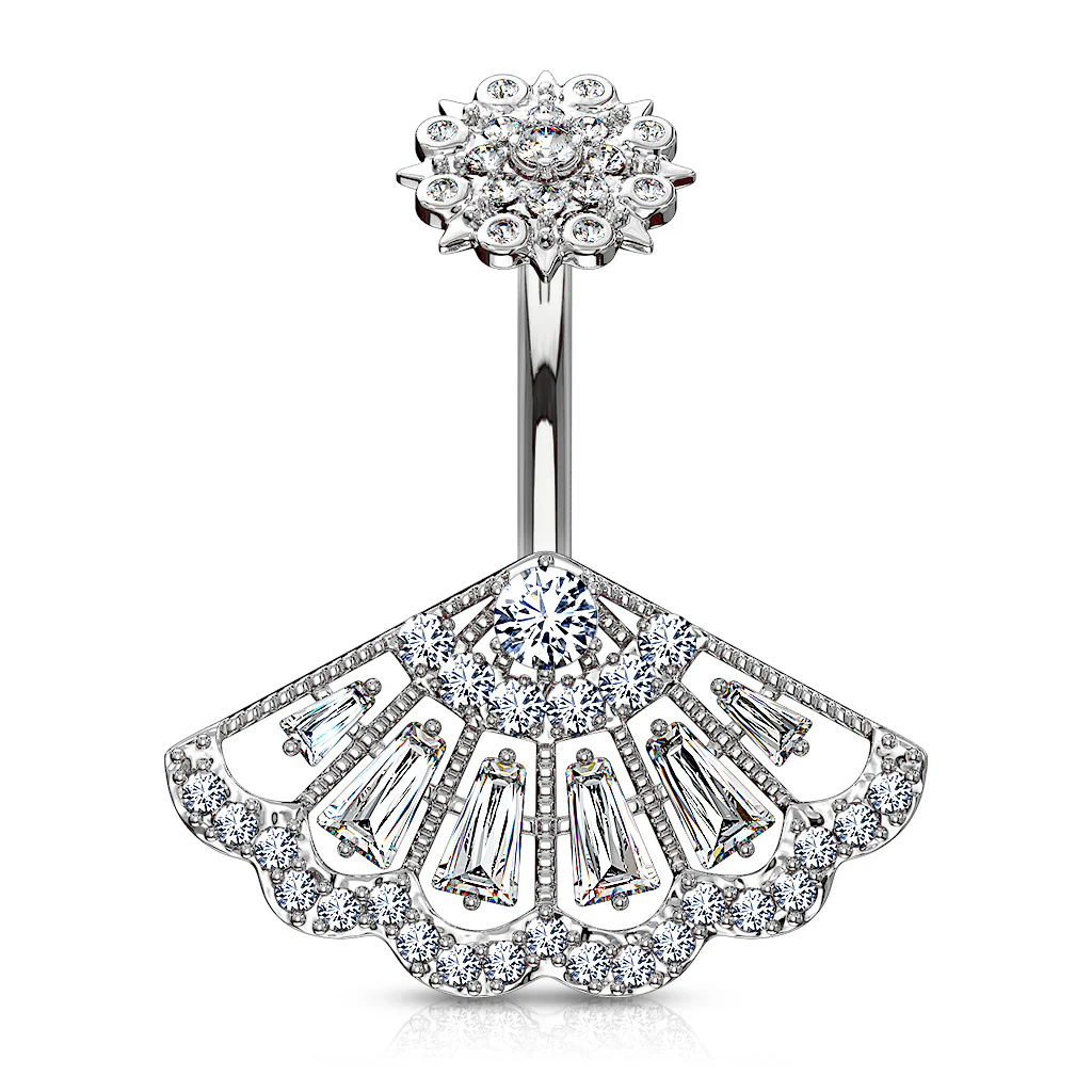 CZ Paved Vintage Fan Internally Threaded Navel Belly Button Ring - Image 2