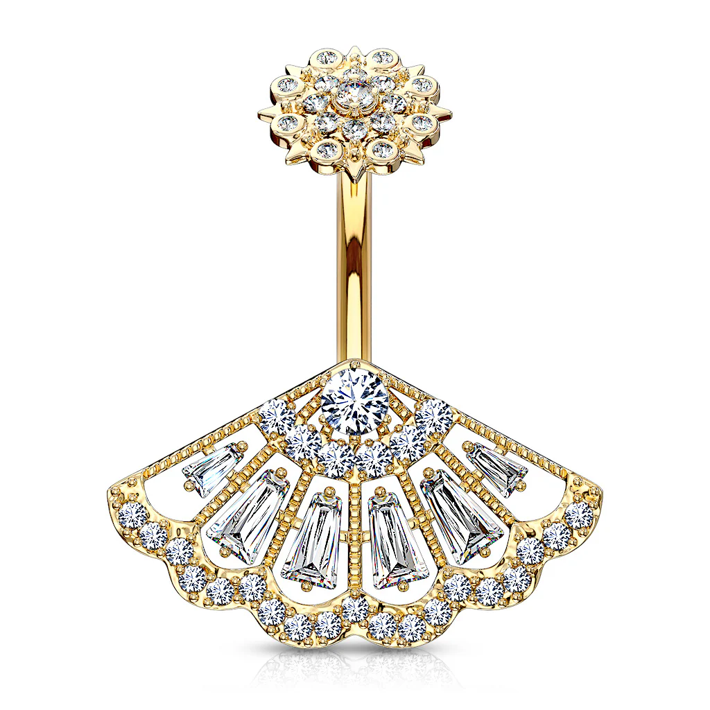 CZ Paved Vintage Fan Internally Threaded Navel Belly Button Ring - Image 3