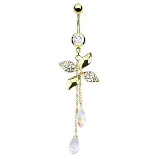 Flower Swirl CZ With Chandelier Crystalline Dangle 14kt Gold Plated Navel Belly Button Ring