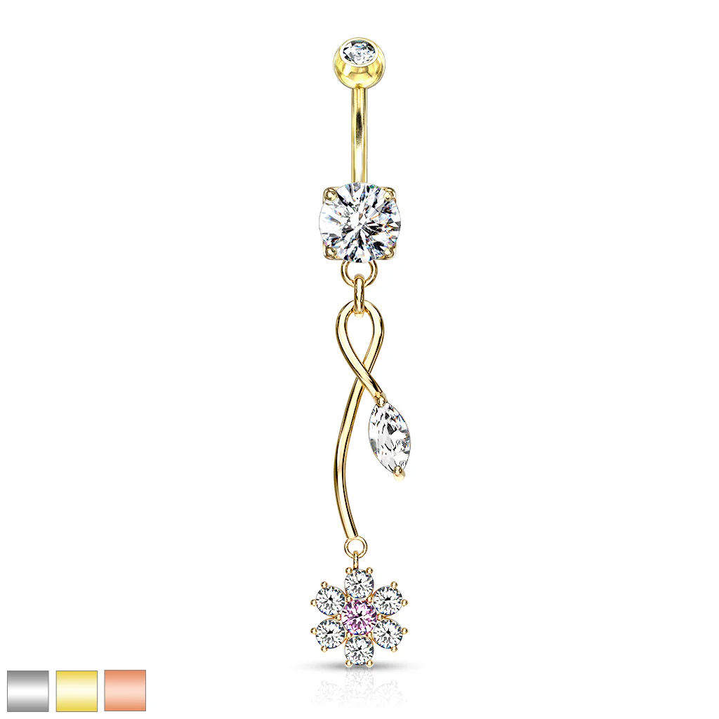 CZ Flower With Marquise CZ Leaf Dangle 14kt Gold Plated Navel Belly Button Ring - Image 3