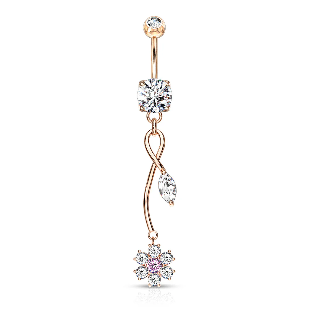 CZ Flower With Marquise CZ Leaf Dangle 14kt Gold Plated Navel Belly Button Ring - Image 4