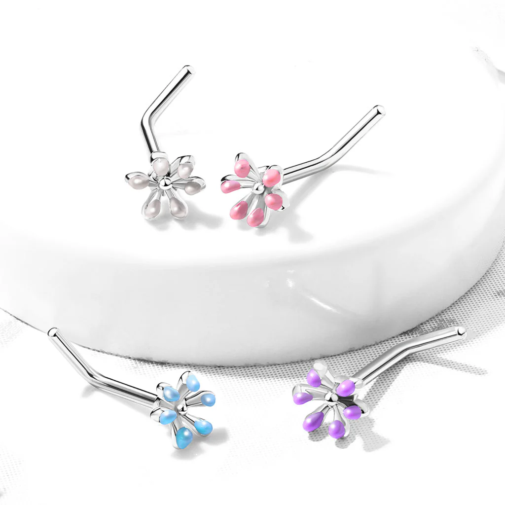 Enamel Flower Top 316L Surgical Steel L Bend Nose Studs Rings - Image 2