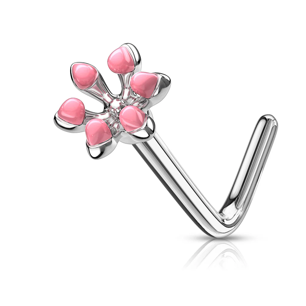Enamel Flower Top 316L Surgical Steel L Bend Nose Studs Rings - Image 4