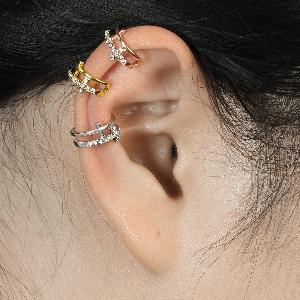 Double Cross CZ Paved Non Piercing Earring Cuff - Image 3
