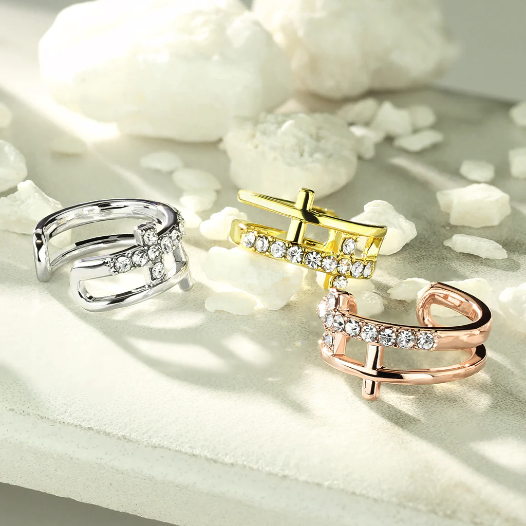 Double Cross CZ Paved Non Piercing Earring Cuff - Image 4