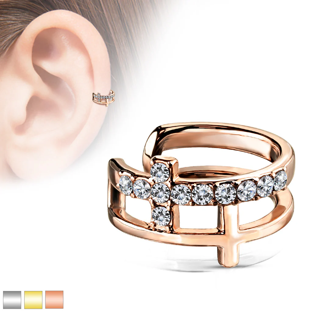 Double Cross CZ Paved Non Piercing Earring Cuff - Image 5