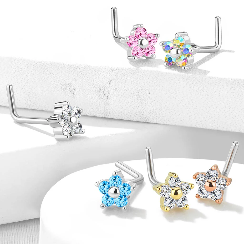 5 CZ Flower Top Surgical Steel L Bend Nose Stud Rings