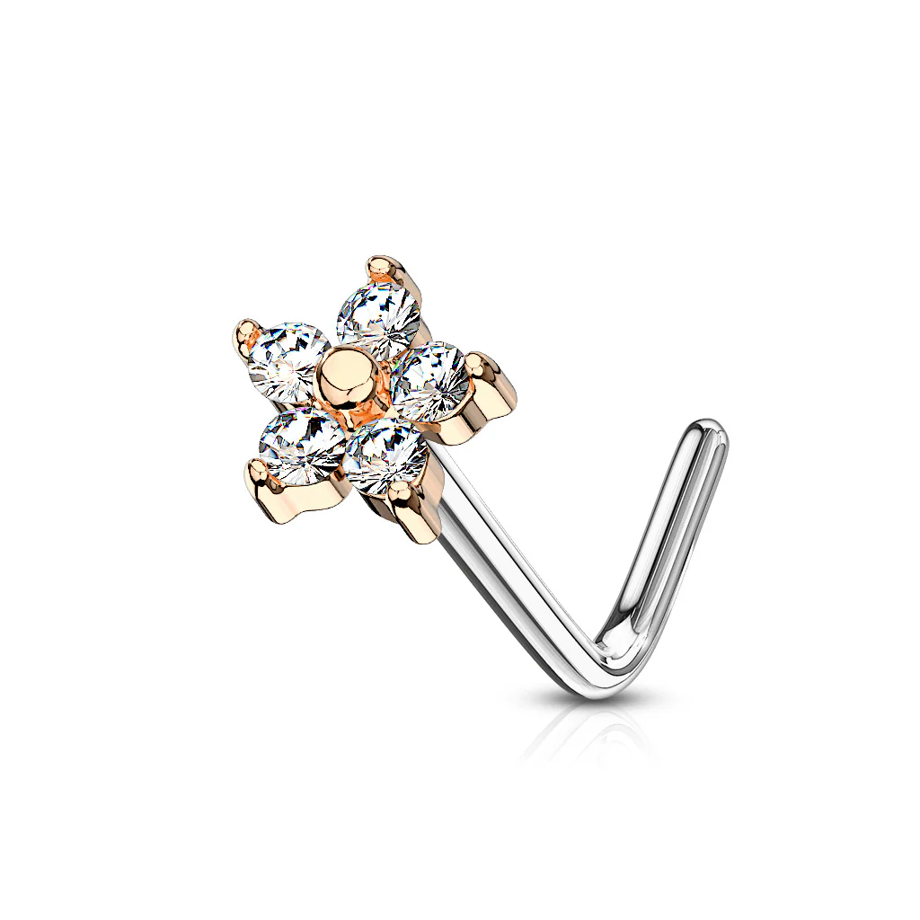 5 CZ Flower Top Surgical Steel L Bend Nose Stud Rings - Image 6