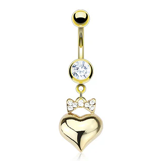 Ribbon Paved CZ With Heart Dangle 14kt Gold Plated Navel Belly Button Ring