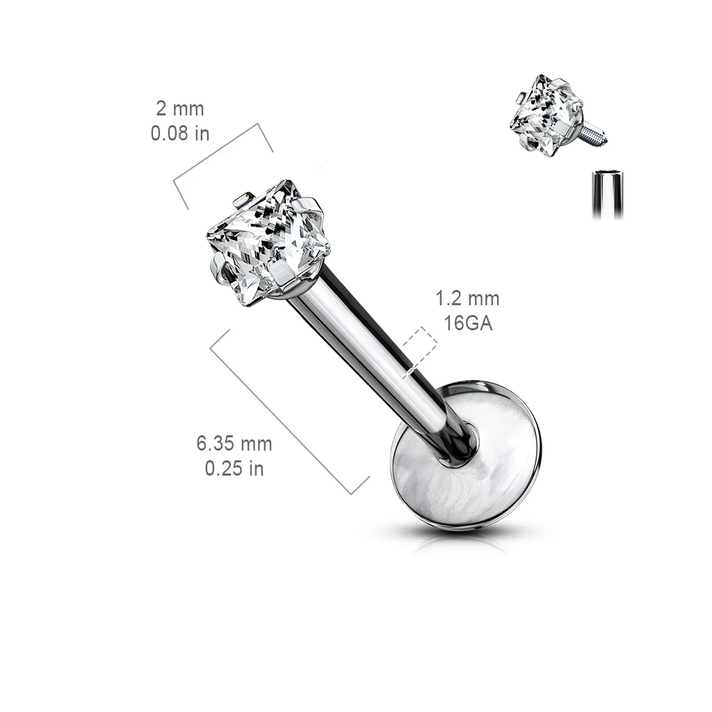 Grade 23 Titanium Square 2mm CZ Labret Monroe Studs 16GA - Image 2