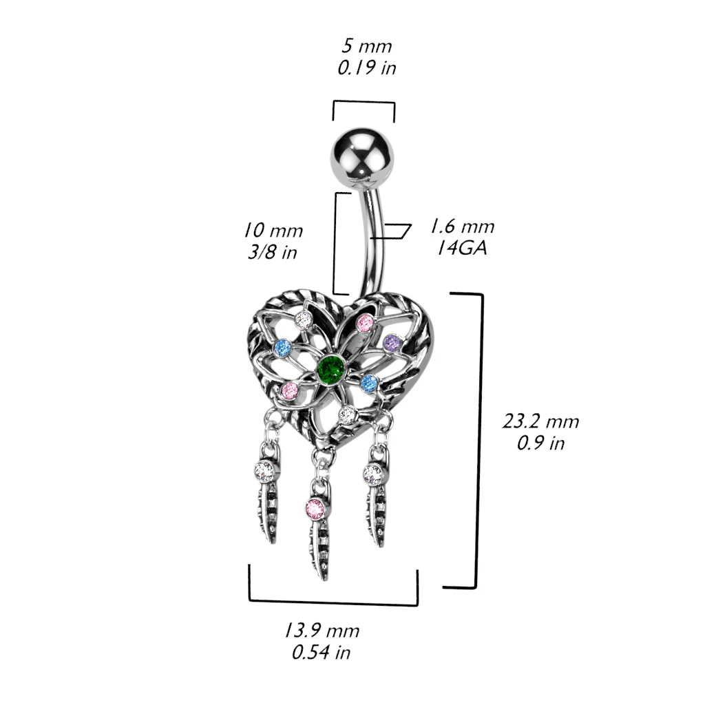 Heart Dream Catcher Dangling Navel Belly Button Ring - Image 2