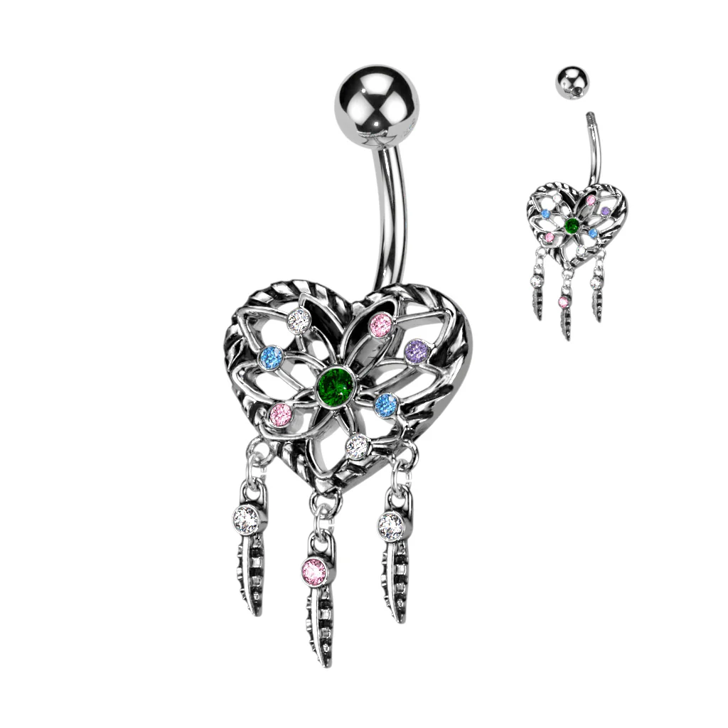 Heart Dream Catcher Dangling Navel Belly Button Ring - Image 3