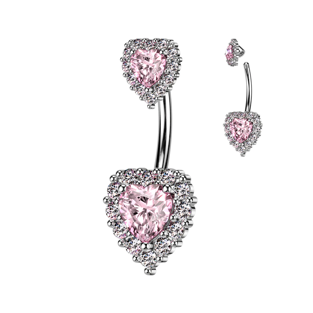Double CZ Pave Around the Hearts Belly Button Navel Ring - Image 5