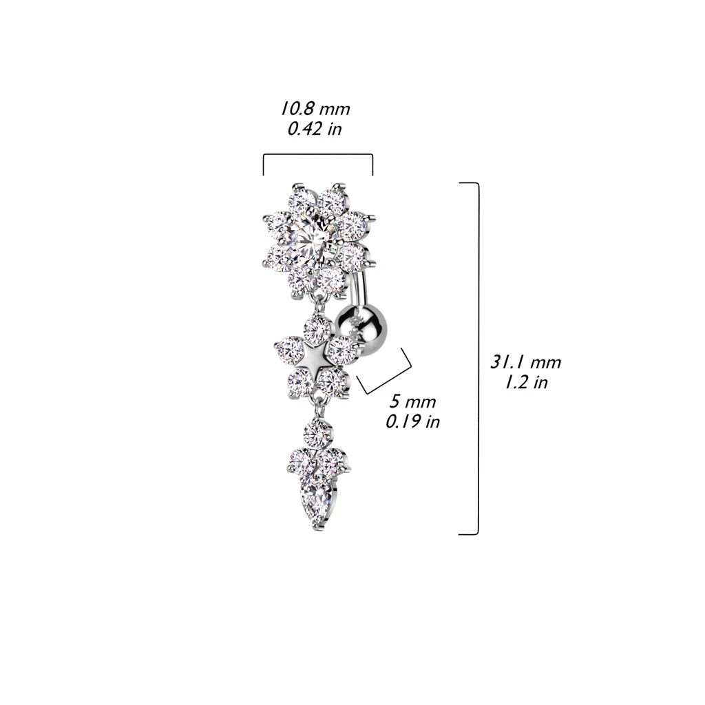 Double CZ Flower Top Drop Dangle Belly Button Navel Rings - Image 2