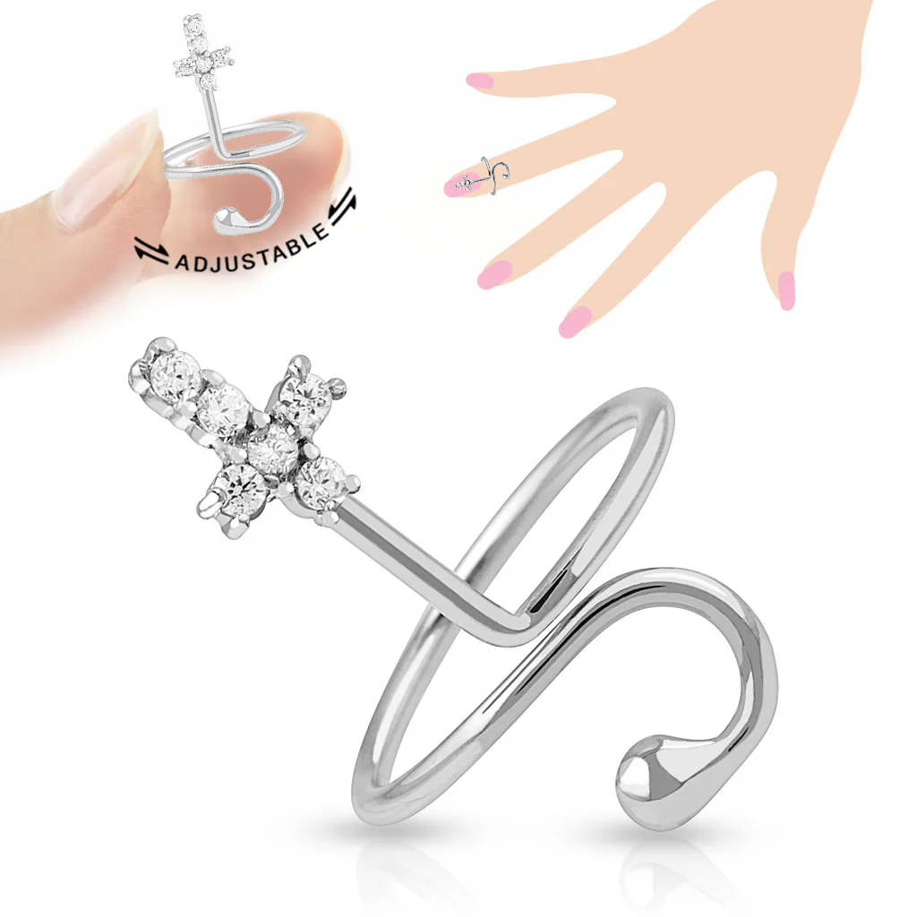 Cross Multi Paved CZ Adjustable Rhodium Plated Brass Nail Ring