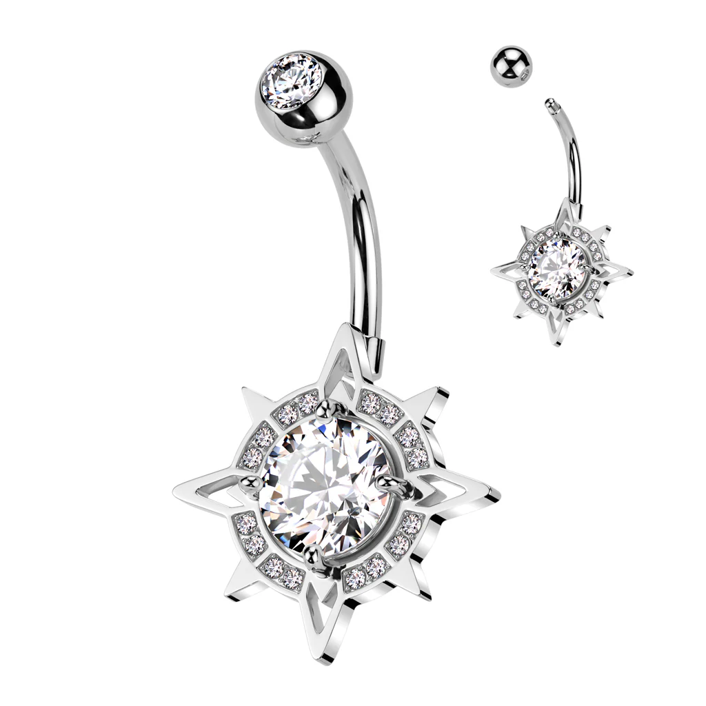 CZ Center With CZ Edge Compass Belly Button Ring - Image 2