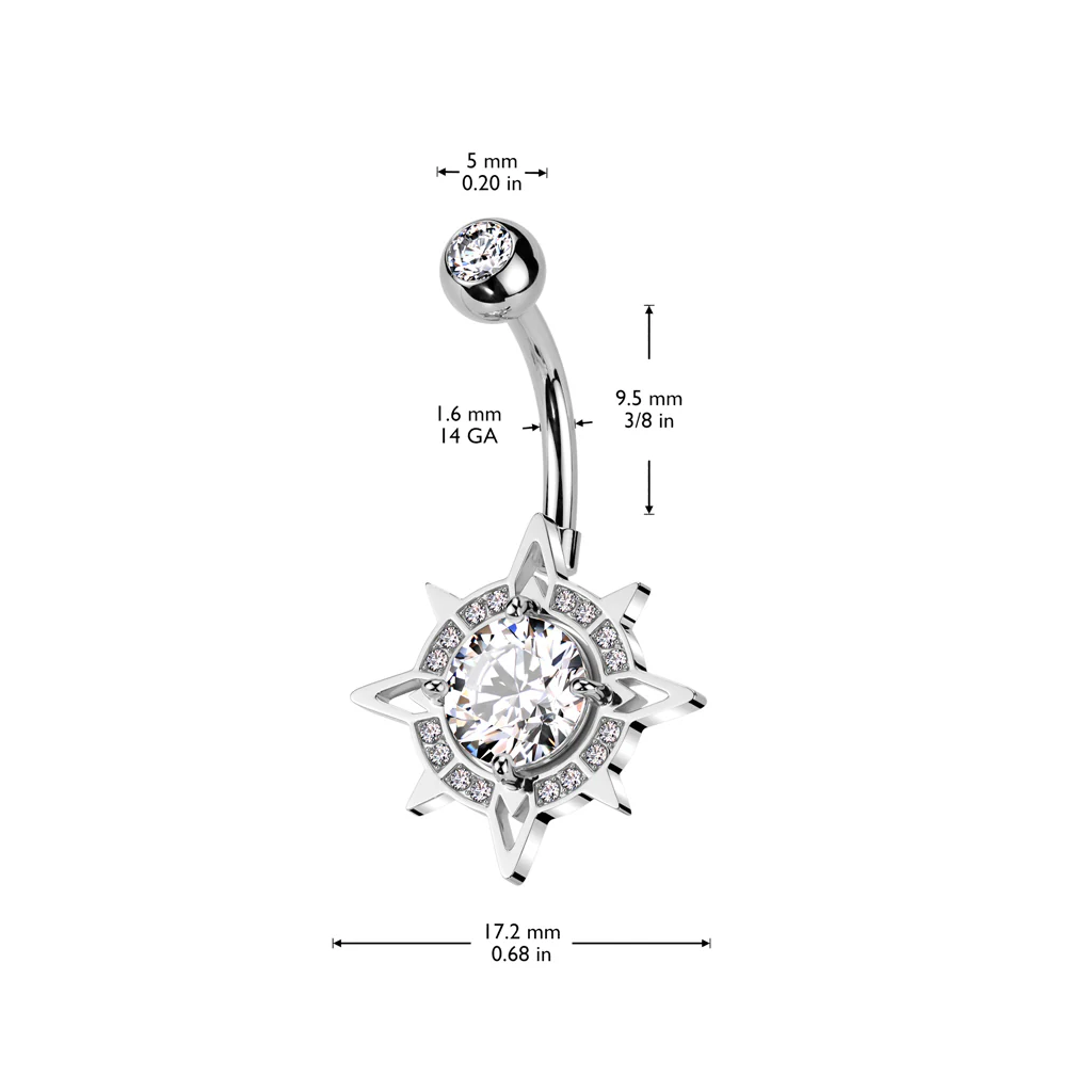 CZ Center With CZ Edge Compass Belly Button Ring - Image 3