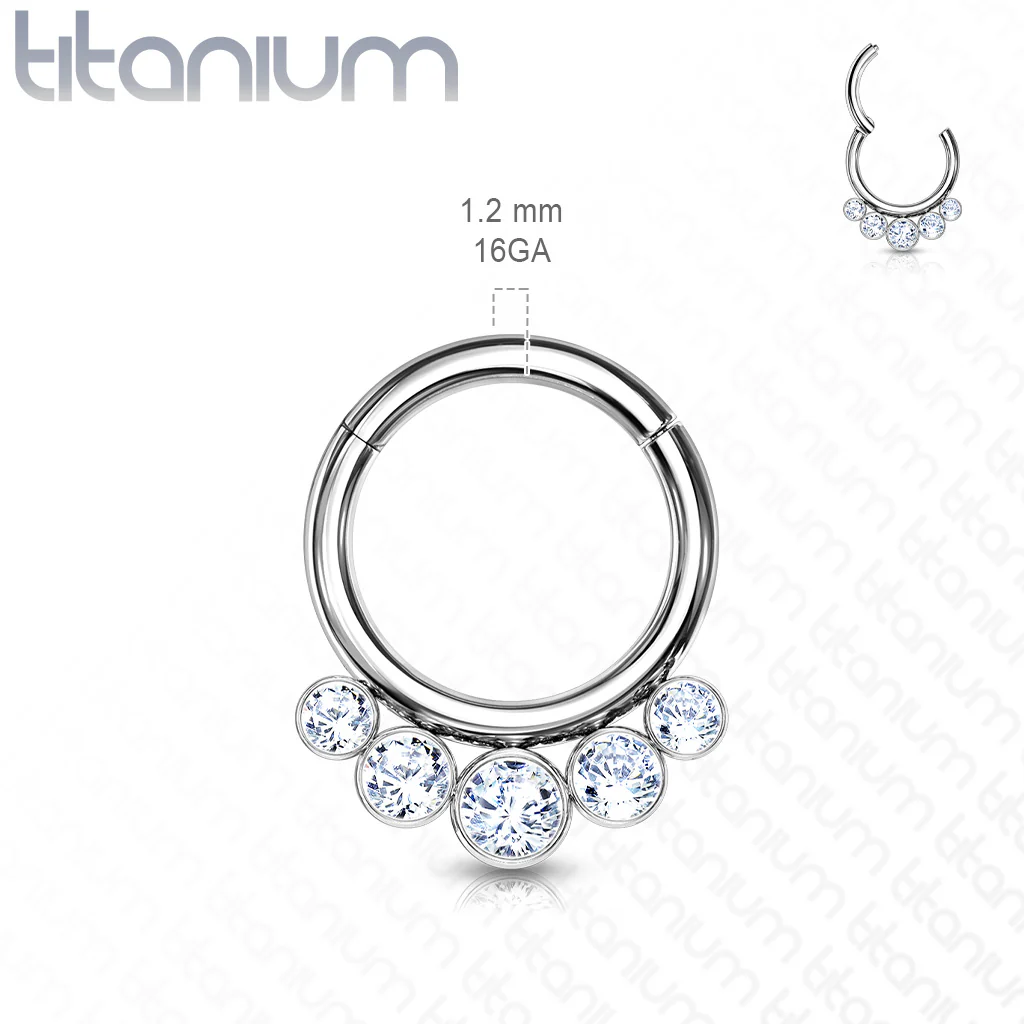 Titanium Hinged Segment Hoop Ring 5 Crystals For Nose Septum Cartilage - Image 3