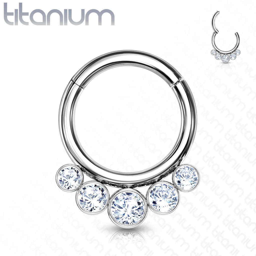 Titanium Hinged Segment Hoop Ring 5 Crystals For Nose Septum Cartilage - Image 4