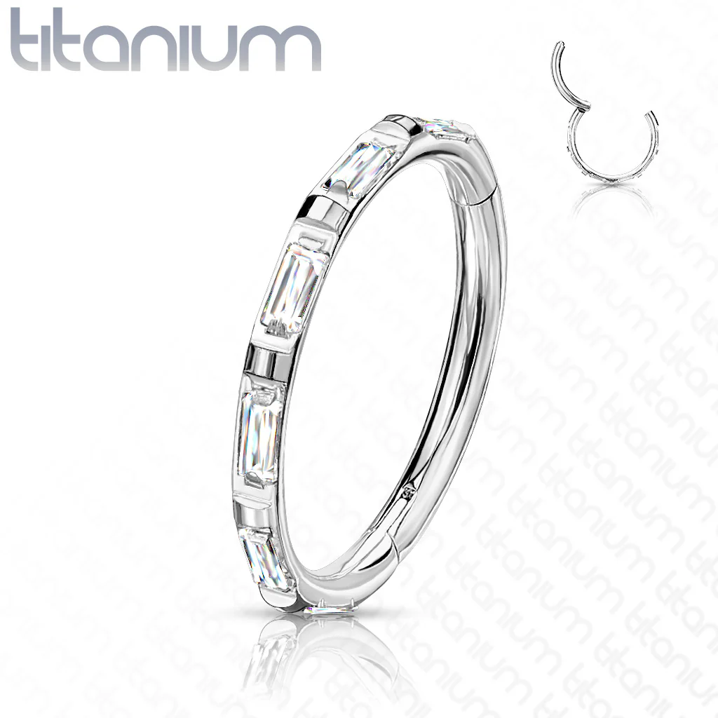 Titanium Hinged Segment Hoop Ring Facing Baguette CZ For Nose Septum Cartilage - Image 4