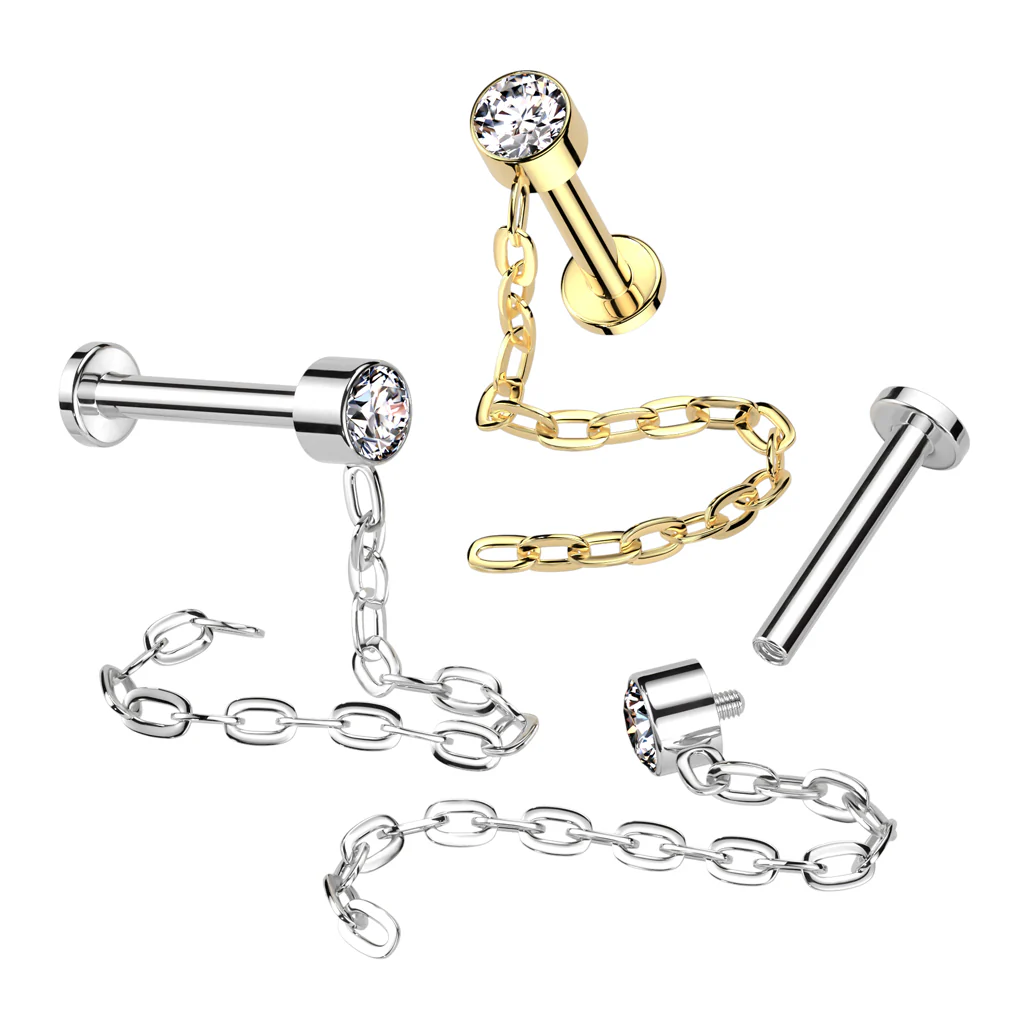 Implant Titanium CZ Lip Labret With Chain Dangle - Image 2