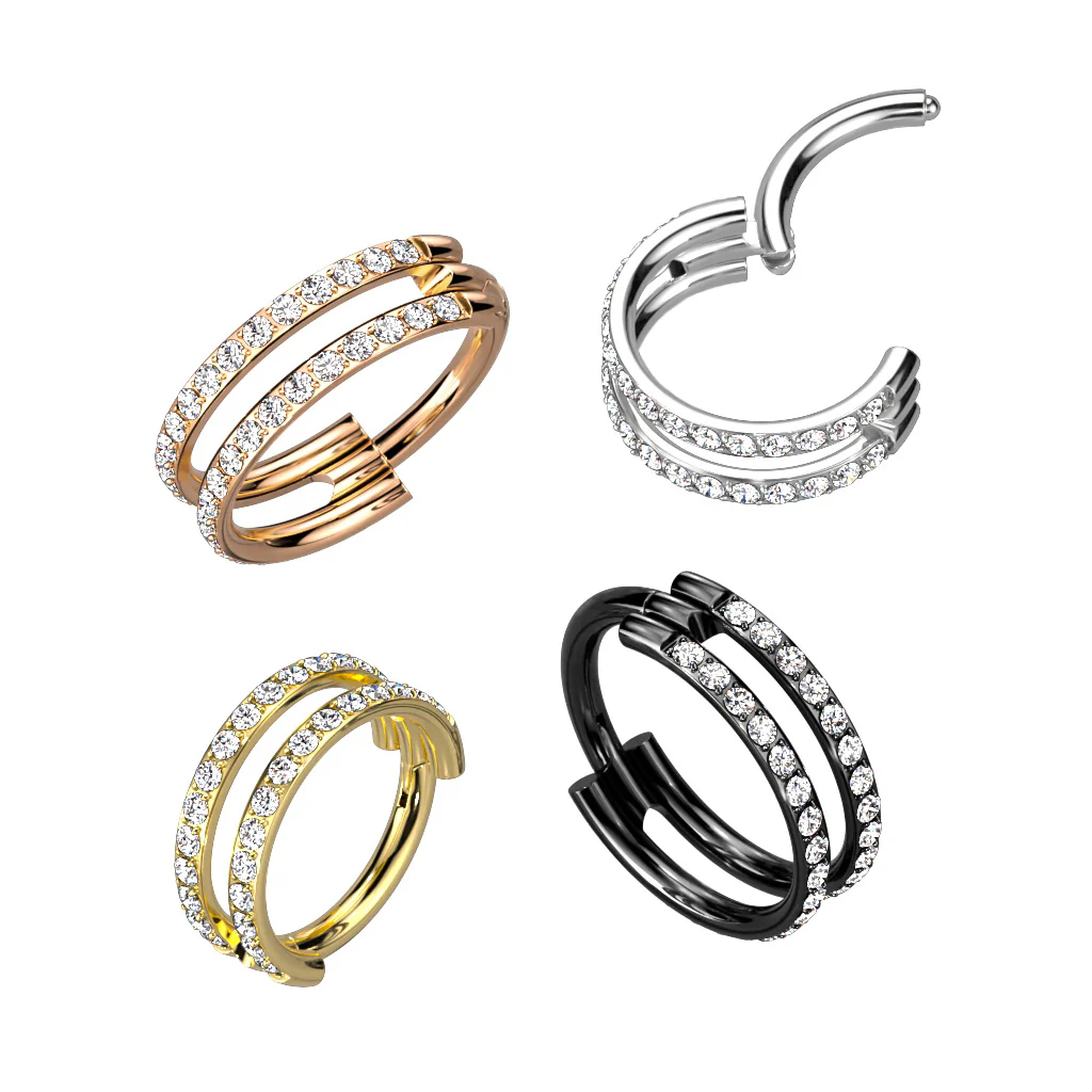 Titanium Hinged Segment Hoop Ring Double CZ Lines For Nose Septum Cartilage - Image 6