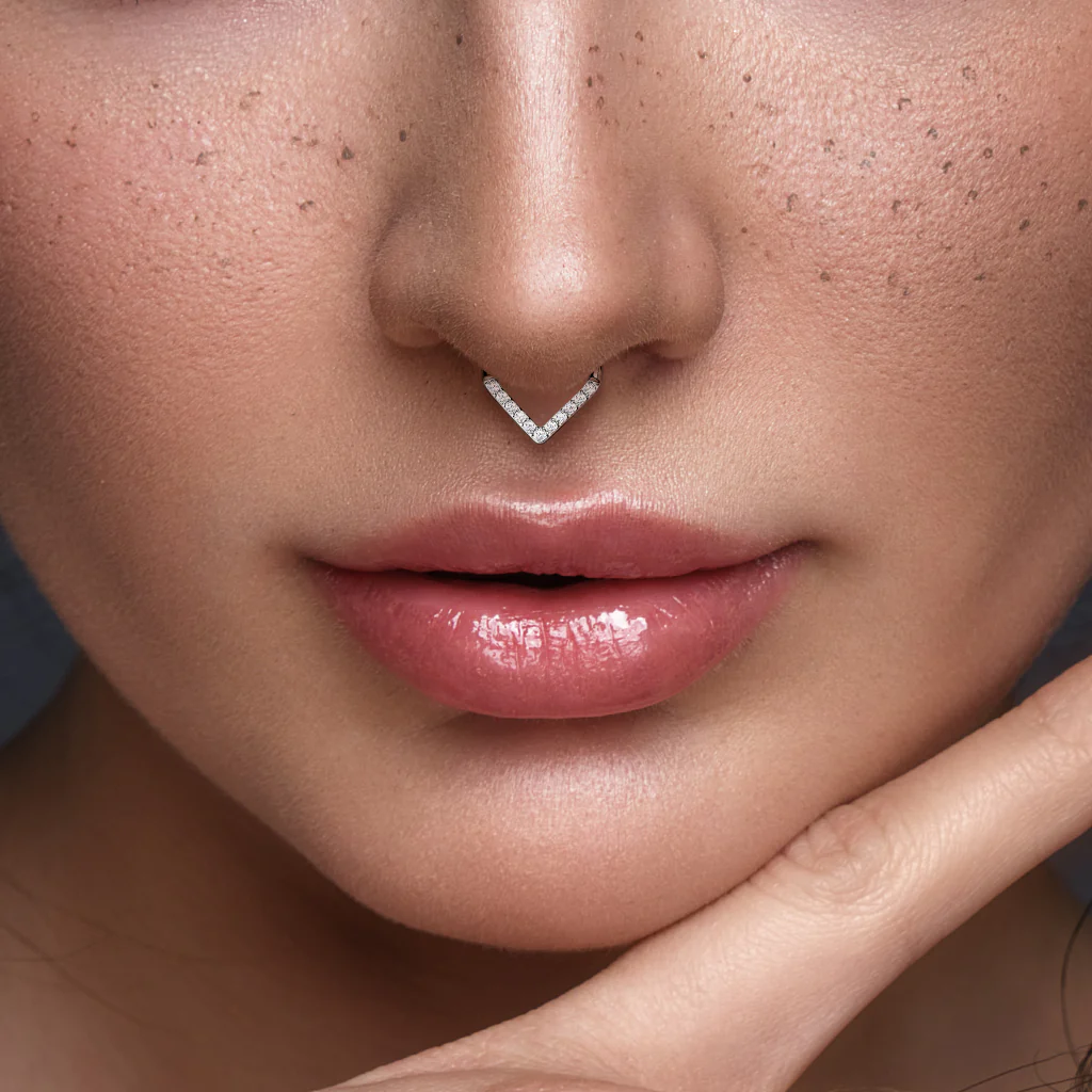 Titanium Hinged Segment Hoop Ring CZ V Line For Nose Septum Cartilage - Image 2