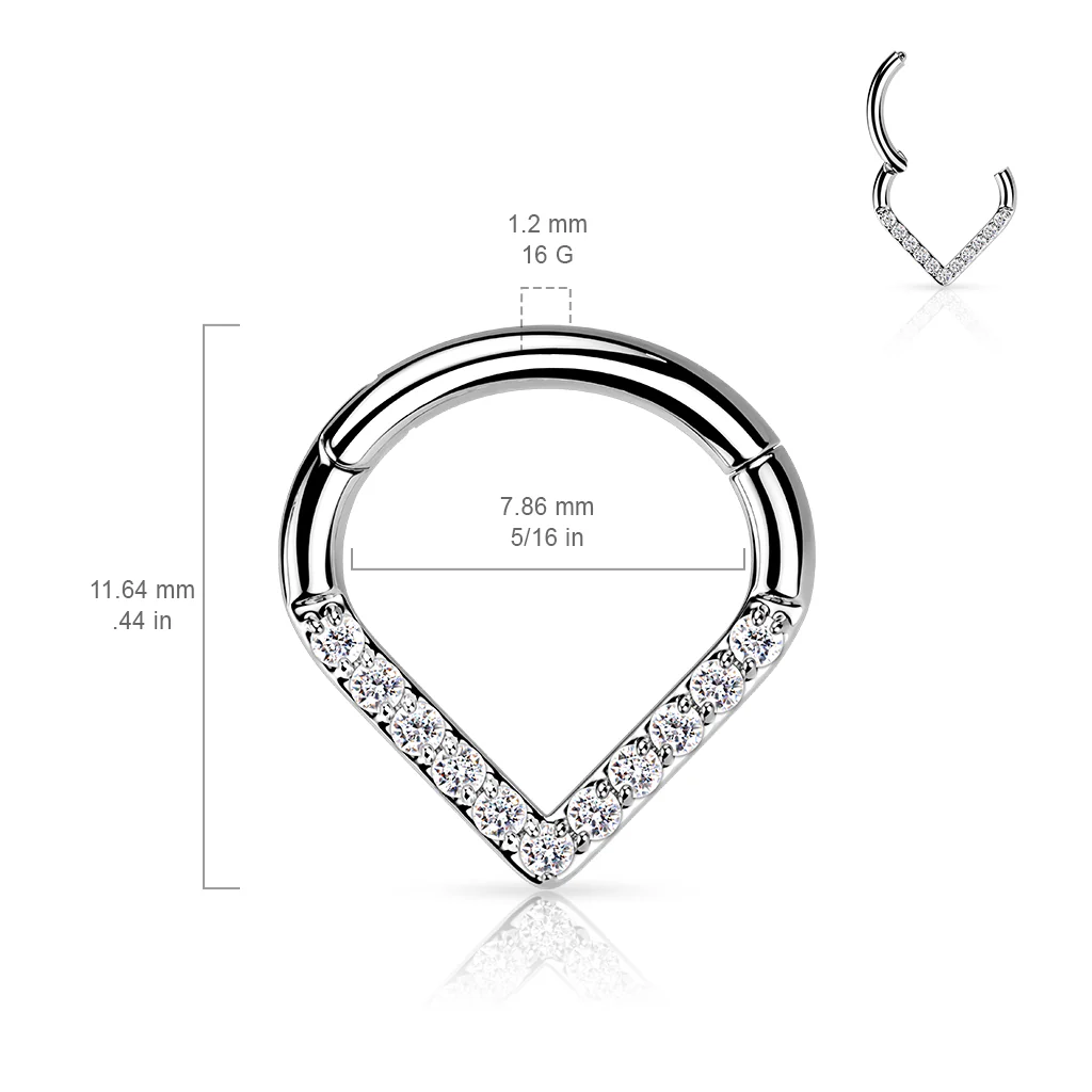 Titanium Hinged Segment Hoop Ring CZ V Line For Nose Septum Cartilage - Image 3