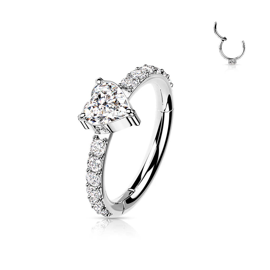 Titanium Hinged Segment Hoop Ring Heart CZ For Nose Septum Cartilage - Image 3