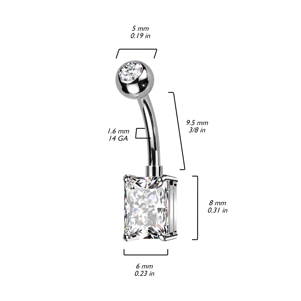 Implant Titanium Rectangle Prong Set CZ Belly Button Ring - Image 2
