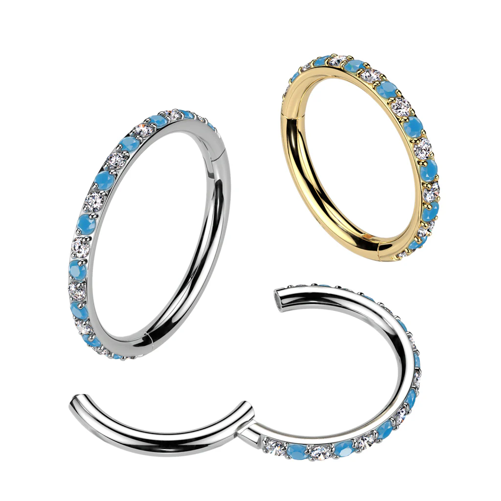 Titanium Hinged Segment Hoop Ring CZ Turquoise For Nose Septum Cartilage - Image 3