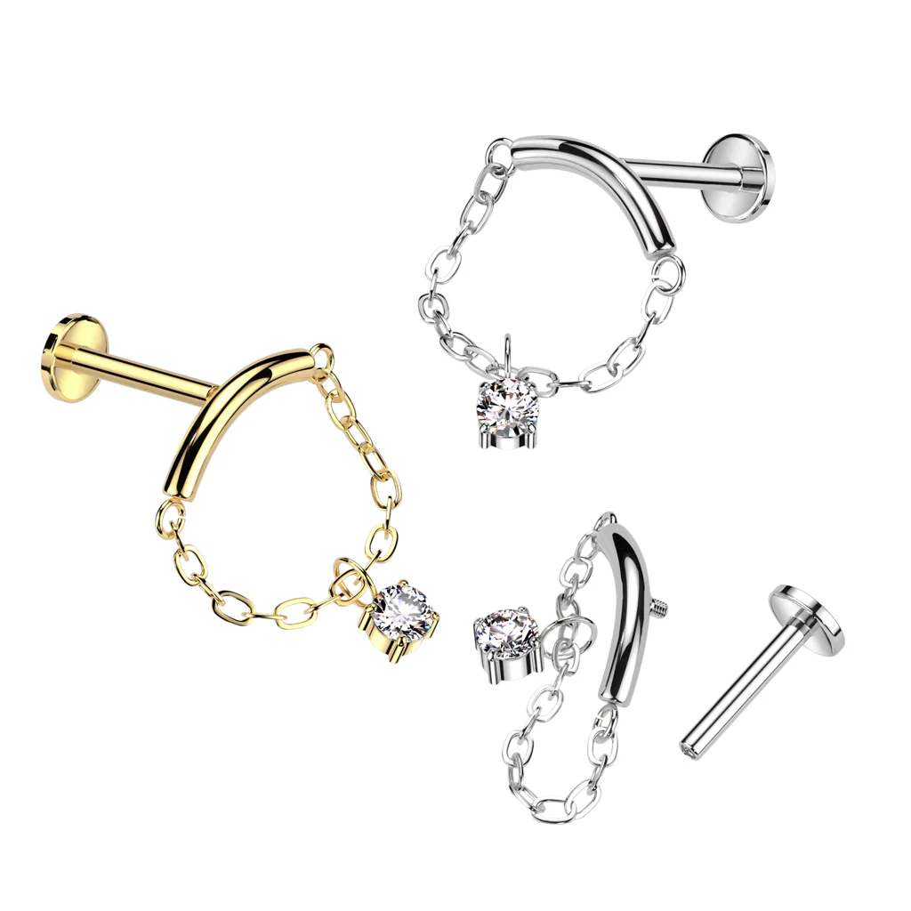Implant Titanium Labret With Chain Lined Curved Bar & CZ