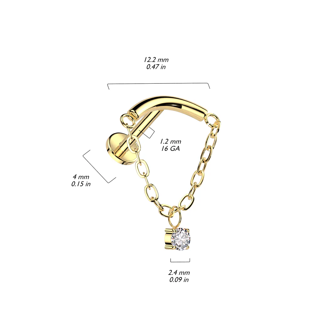 Implant Titanium Labret With Chain Lined Curved Bar & CZ - Image 2