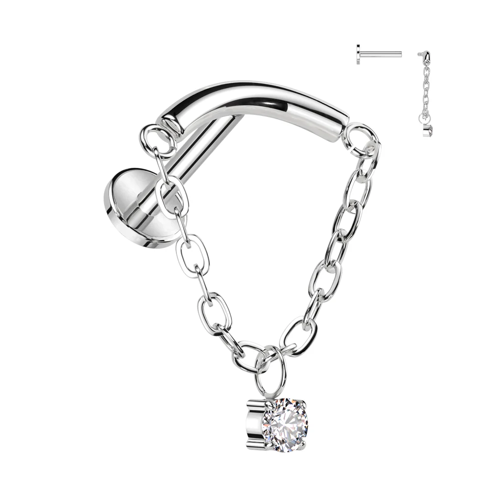 Implant Titanium Labret With Chain Lined Curved Bar & CZ - Image 3