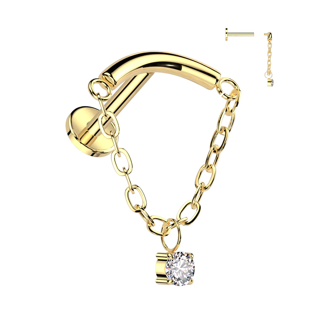Implant Titanium Labret With Chain Lined Curved Bar & CZ - Image 4