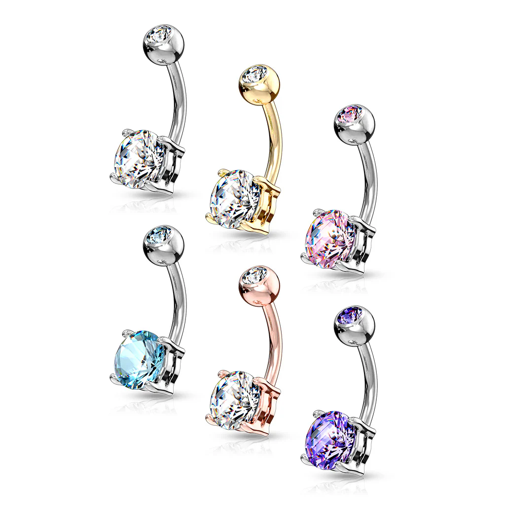 Double Gemmed Solitaire Round CZ Surgical Steel Belly Button Navel Rings - Image 2