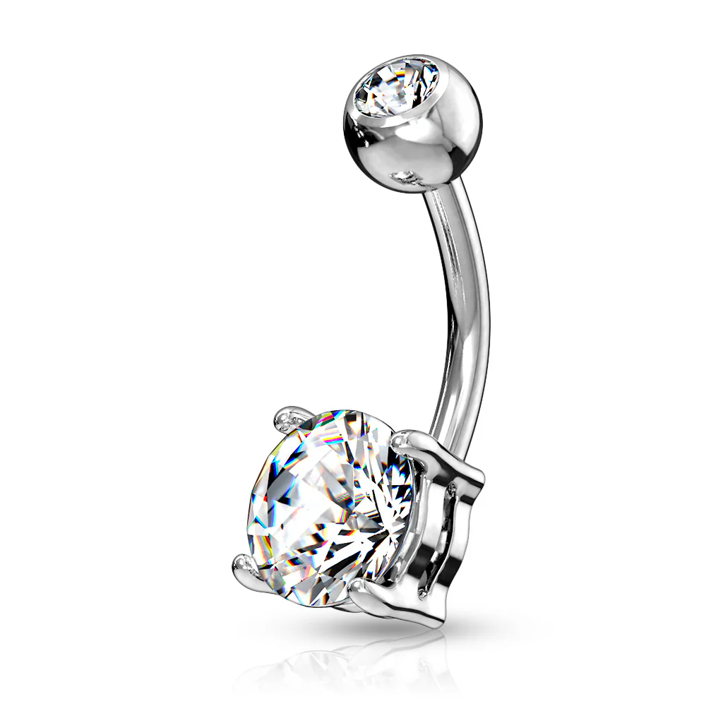 Double Gemmed Solitaire Round CZ Surgical Steel Belly Button Navel Rings - Image 3