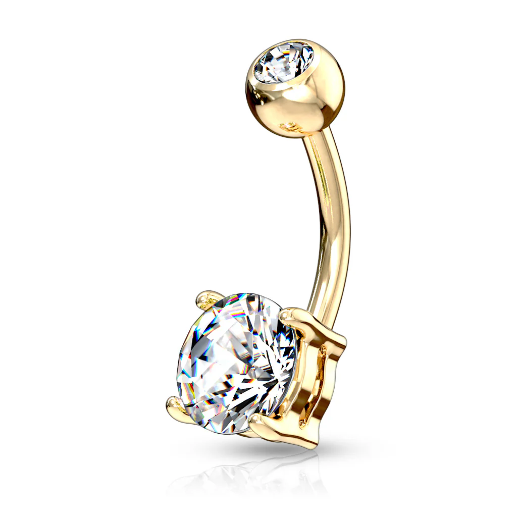 Double Gemmed Solitaire Round CZ Surgical Steel Belly Button Navel Rings - Image 4