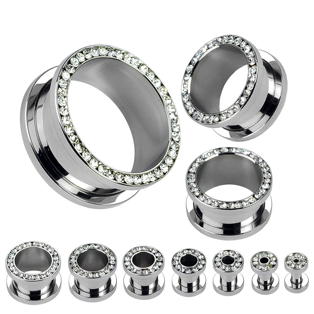 Pair CZ Lined Rim Surgical Steel Screw Fit Flesh Ear Tunnels Fr 10G To 1" - Image 2