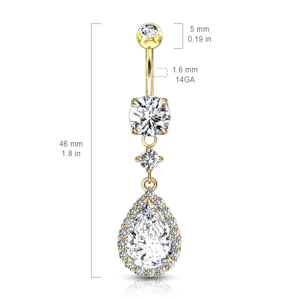 Large Tear CZ Shape Dangle 14kt Gold Plated Navel Belly Button Ring - Image 2