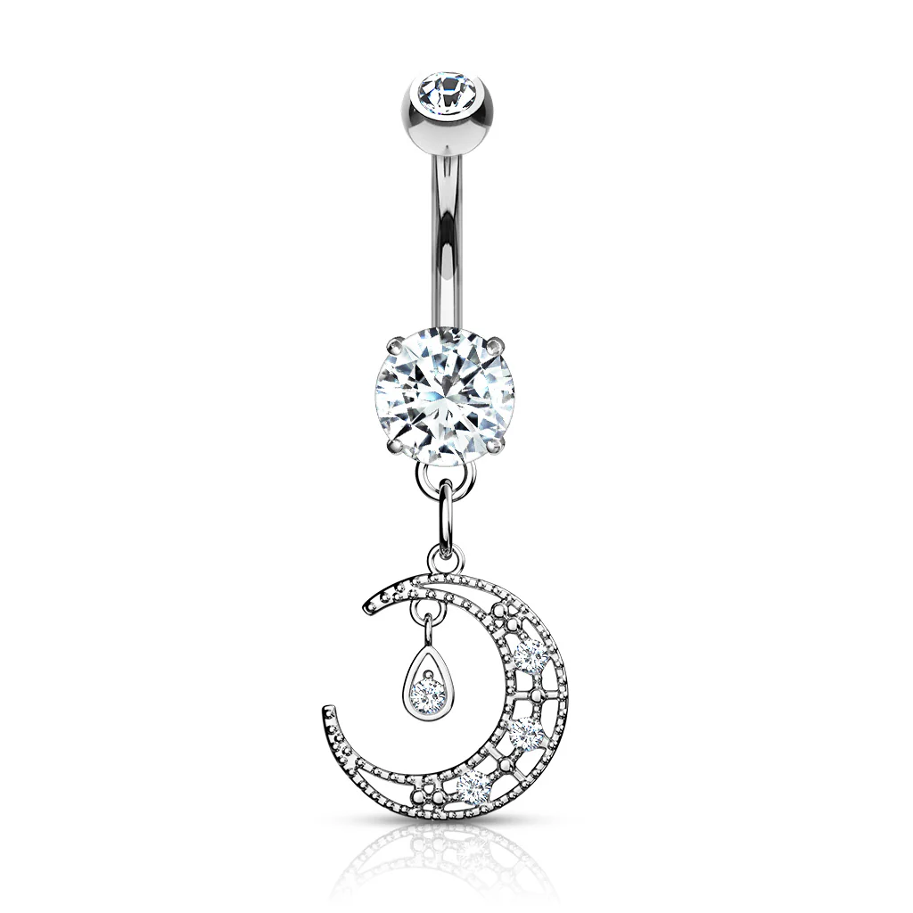 CZ Paved Crescent Moon Dangle Navel Belly Button Ring - Image 2