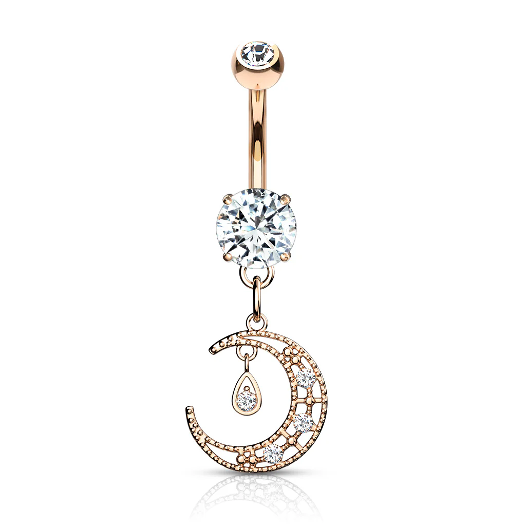 CZ Paved Crescent Moon Dangle Navel Belly Button Ring - Image 4