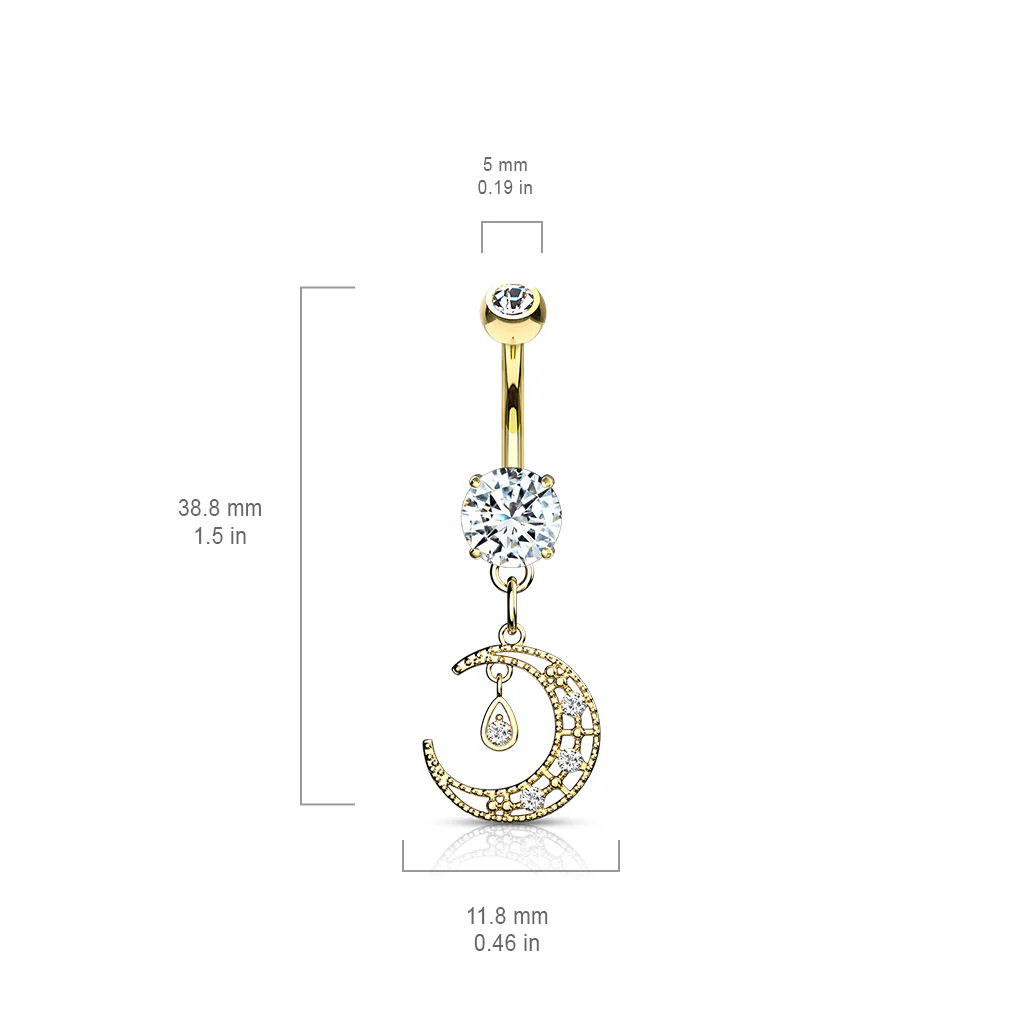 CZ Paved Crescent Moon Dangle Navel Belly Button Ring - Image 5