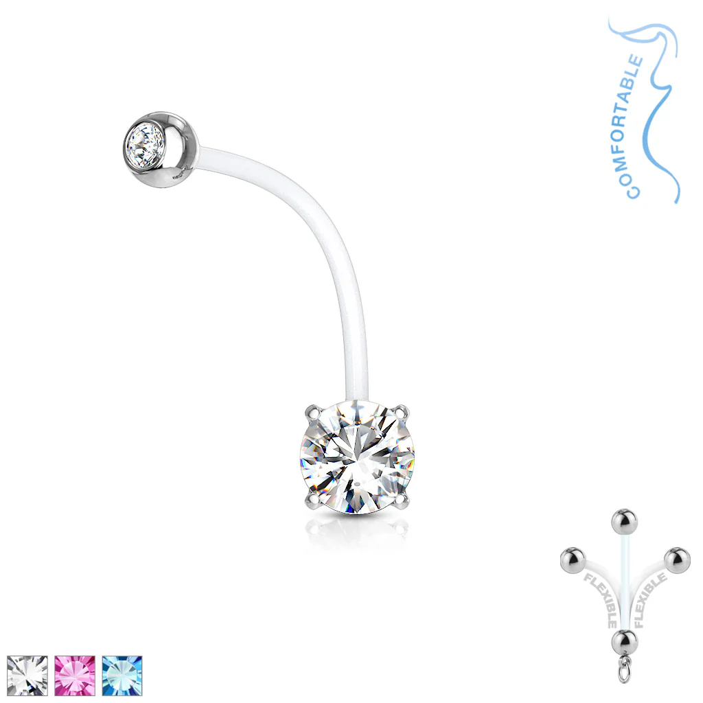 Double CZ Prong Set CZ Pregnancy Bio Flex Barbell Navel Belly Button Ring - Image 2