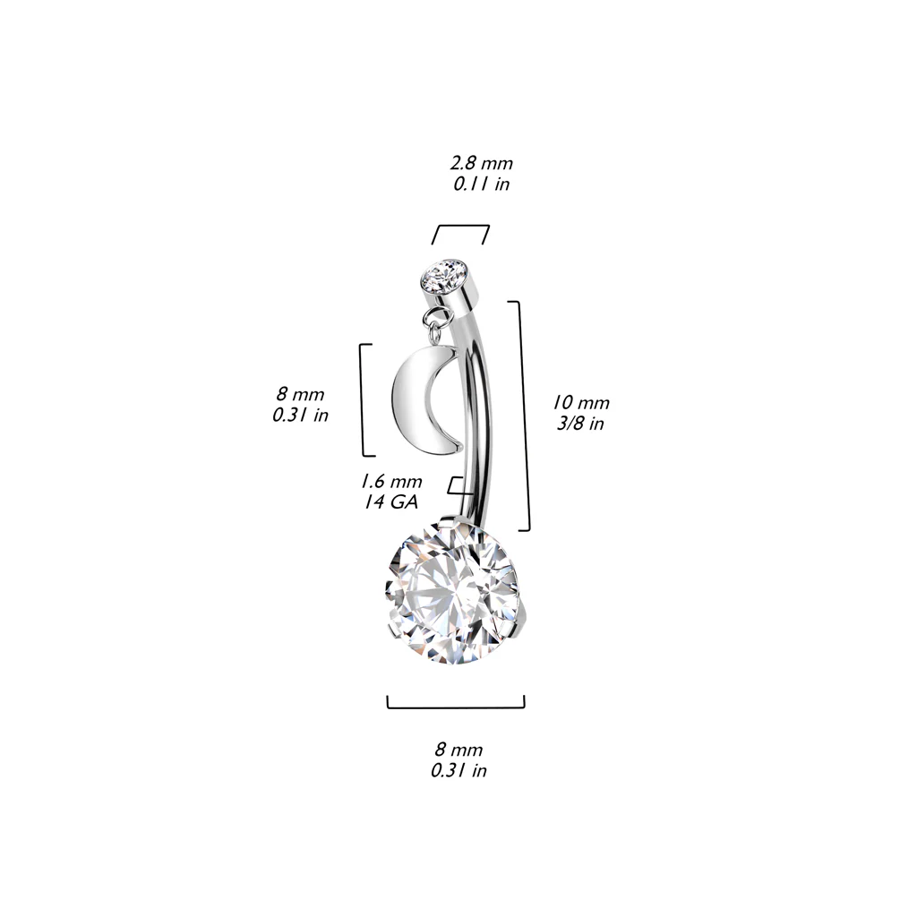 Titanium Threadless Push In CZ and Crescent Moon Dangle Top Belly Button Ring - Image 2