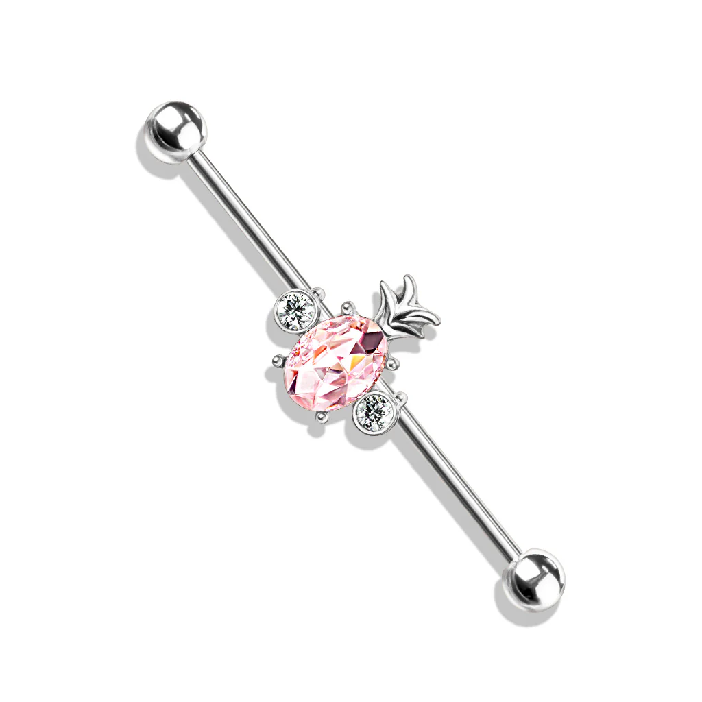 Oval Crystal Pineapple Center Surgical Steel Industrial Barbells - Image 3