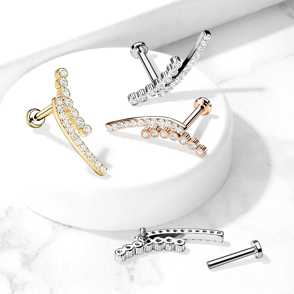 Double Lined CZ Paved Curve Labret Tragus Snug Ear Cartilage Helix Studs - Image 2