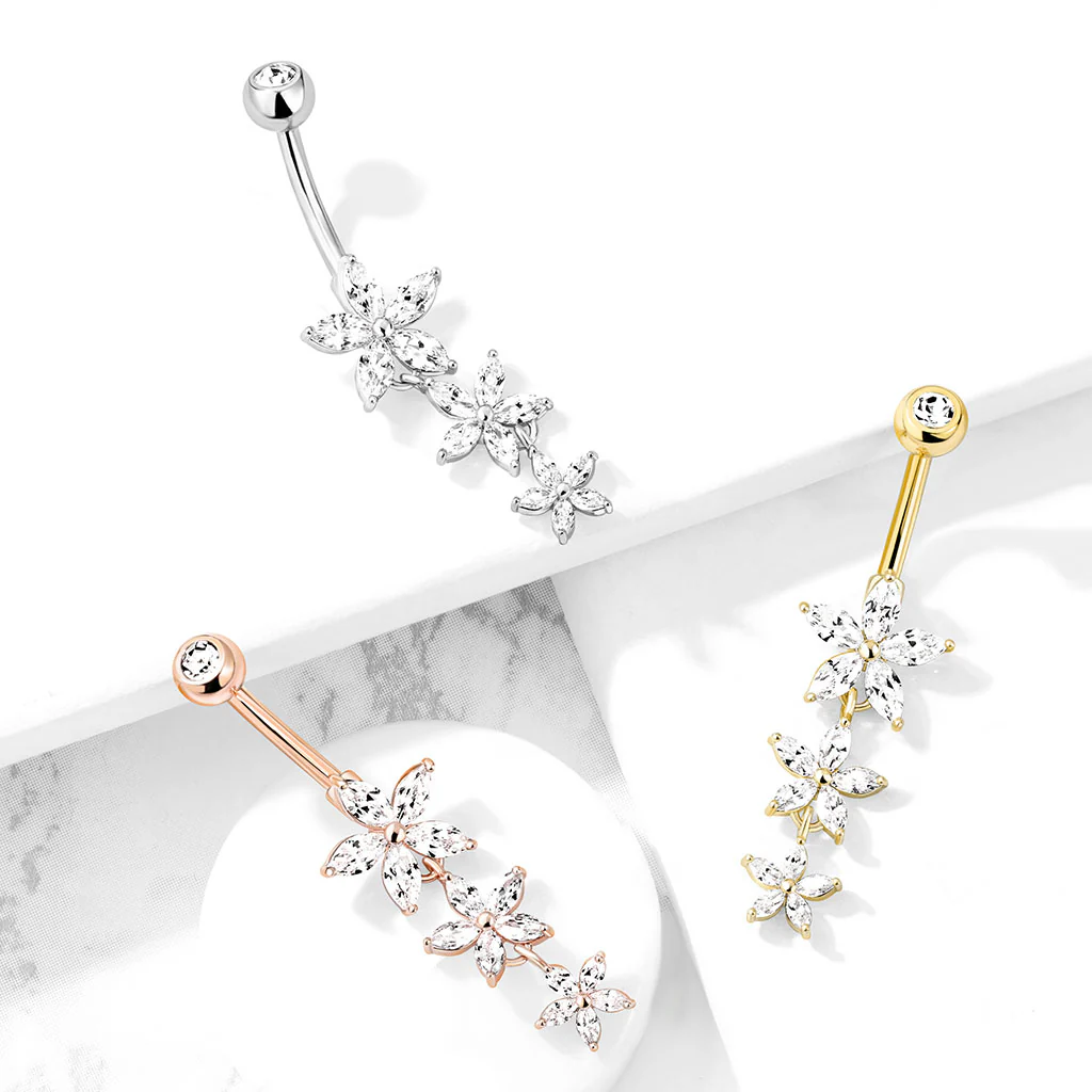 Triple Marquise CZ Flowers Dangle Belly Button Navel Rings